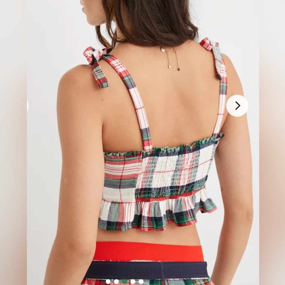 Aerie Plaid Flannel Ruffle Pajama Tie-string Tank Top - Picture 2 of 8